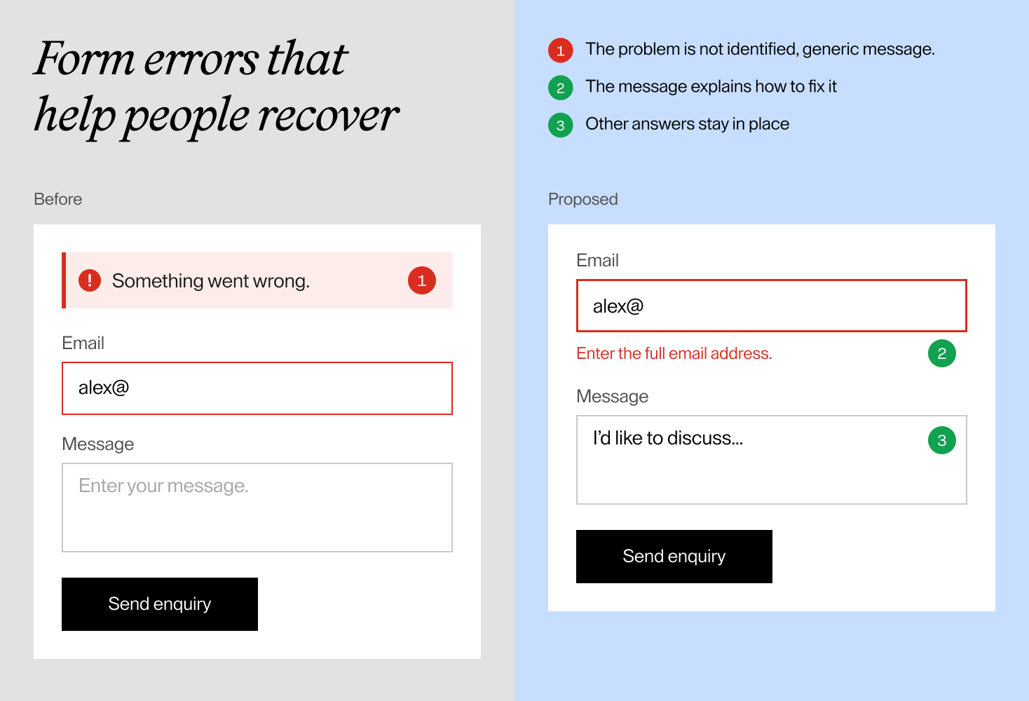 A generic form error compared with a proposed email-specific message that explains the required format and keeps other answers in place.