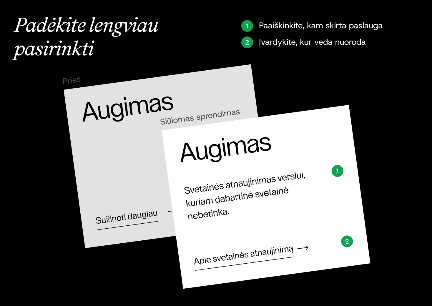 Paslaugos „Augimas“ kortelė papildoma aiškiu aprašymu, kam skirta paslauga, ir nuoroda apie svetainės atnaujinimą.