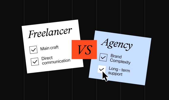 Freelancer versus agency: focused specialist work and direct communication compared with brand complexity and long-term support.